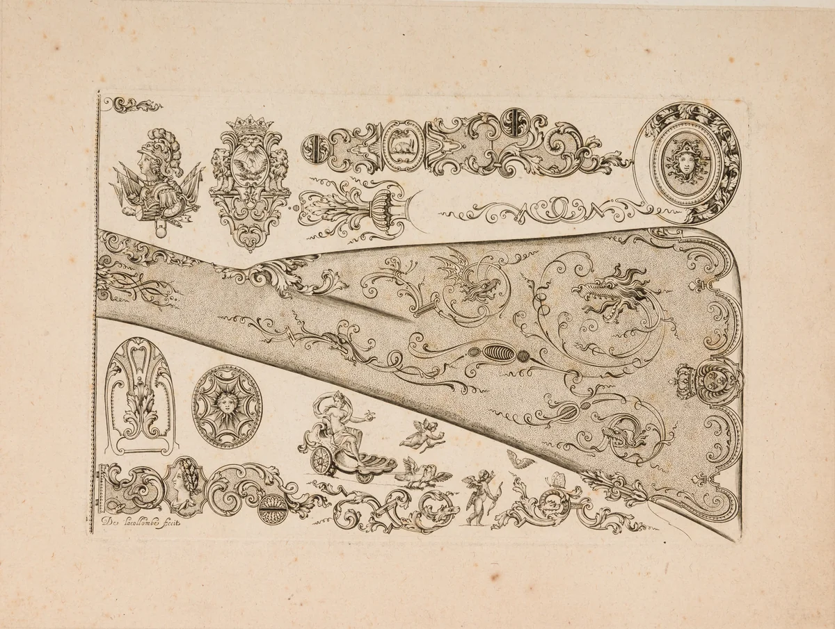Plate Seven from Nouveavx Desseins D'Arquebvseries by De Lacollombe, print, 1705-1755