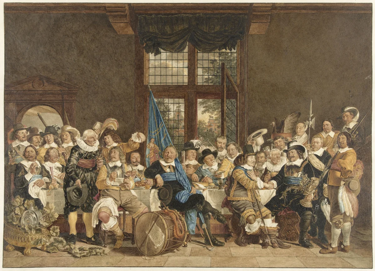 De schuttersmaaltijd in de Voetboogdoelen te Amsterdam ter viering van het sluiten van de vrede van Munster, 18 juni 1648 by Jacob Cats, drawing, 1779