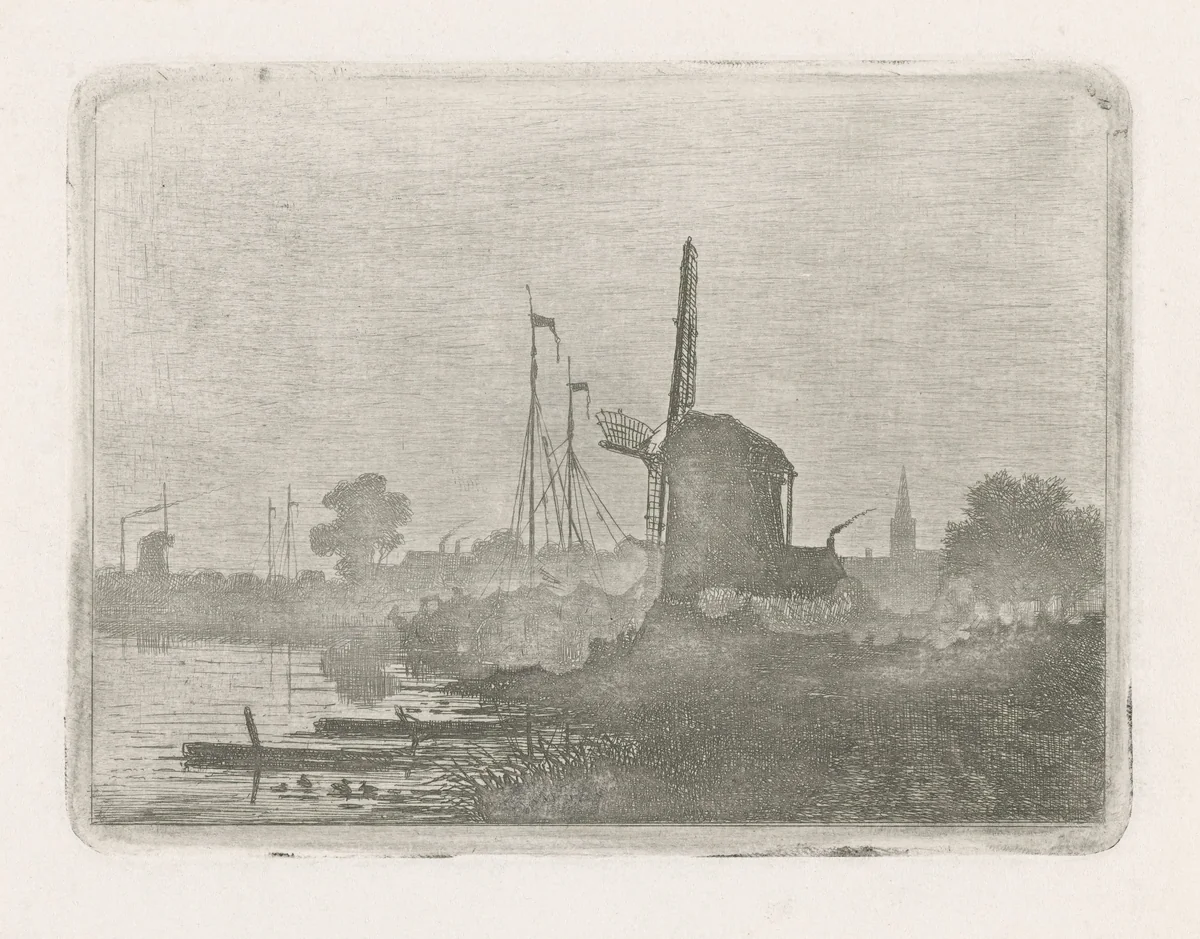 Gezicht op een molen aan het water by Jan van Lokhorst, print, 1847-1874