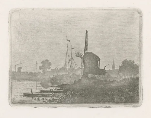 Gezicht op een molen aan het water by Jan van Lokhorst, print, 1847-1874