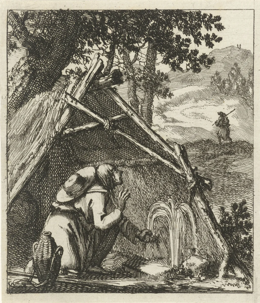 Reiziger laaft zich voor een strohut aan een opspringende bron by Jan Luyken, print, 1689