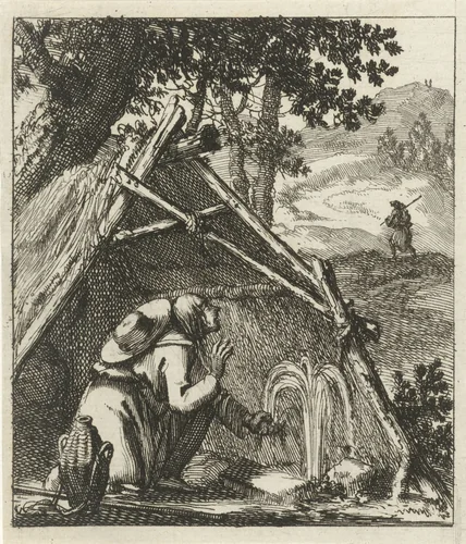 Reiziger laaft zich voor een strohut aan een opspringende bron by Jan Luyken, print, 1689