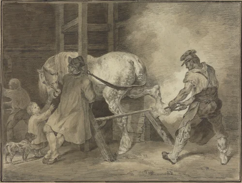 The Blacksmith's Shop by Léon Cogniet; Théodore Gericault, drawing, 1822