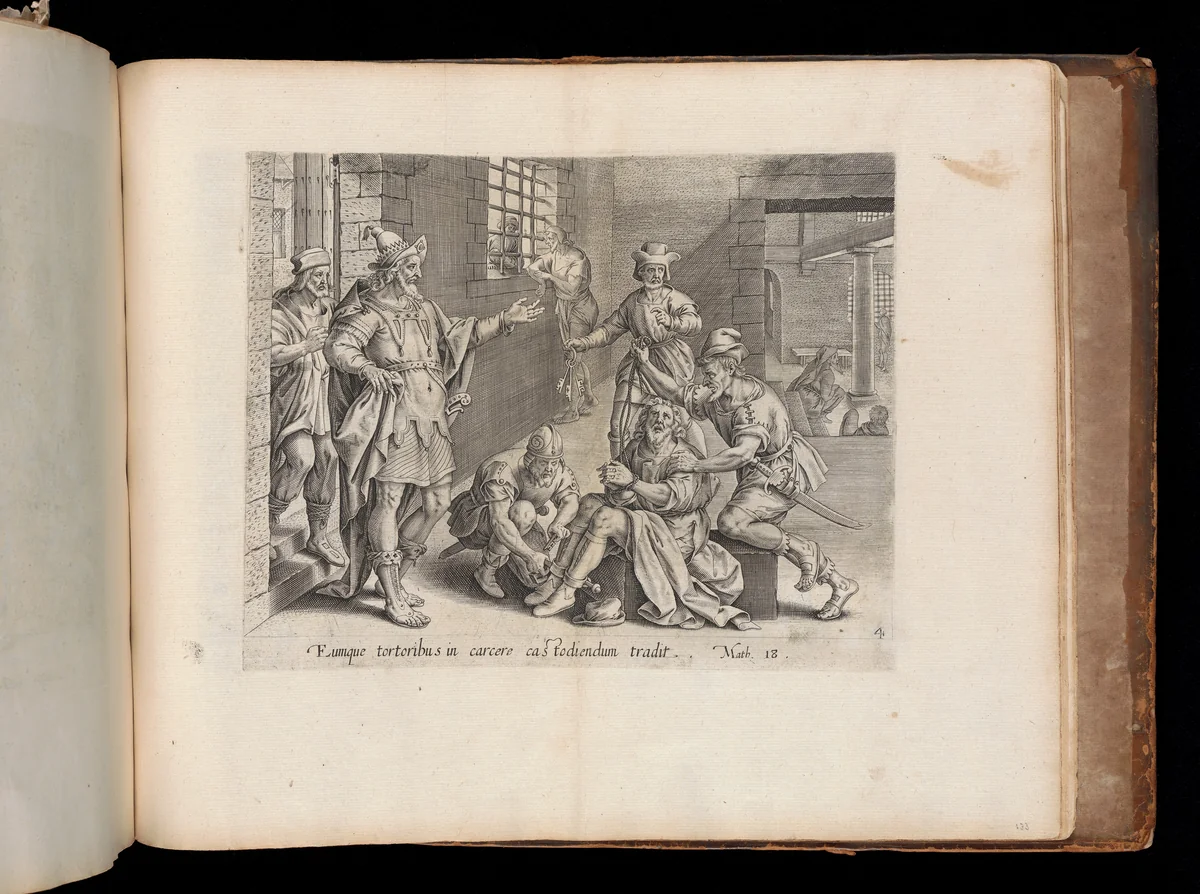 The Imprisoned Servant, from The Parable of the Unmerciful Servant, bound in "Thesaurus Sacrarum historiarum Veteris et Novi Testamenti" by anonymous, book, 1585