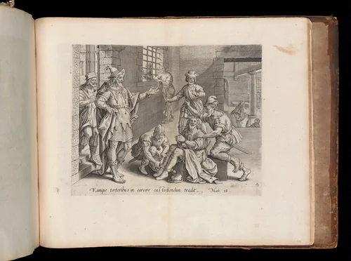 The Imprisoned Servant, from The Parable of the Unmerciful Servant, bound in "Thesaurus Sacrarum historiarum Veteris et Novi Testamenti" by anonymous, book, 1585