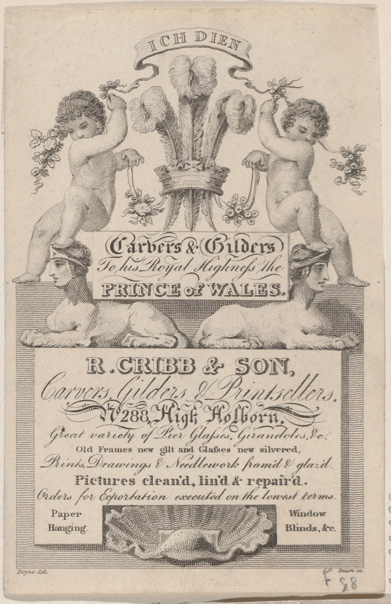 Trade card for R Cribb & Son, Publisher and Printmaker by Boyne, print, 1750-1850