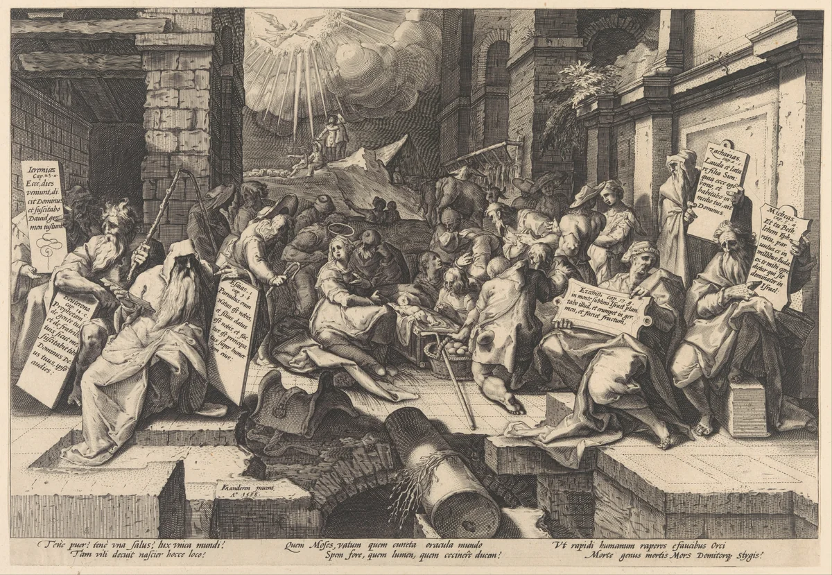 The Adoration of the Shepherds, Surrounded by Moses and Five Prophets by Jacob Matham, print, 1588