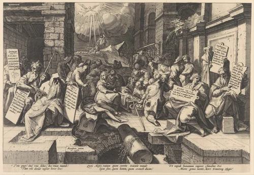The Adoration of the Shepherds, Surrounded by Moses and Five Prophets by Jacob Matham, print, 1588