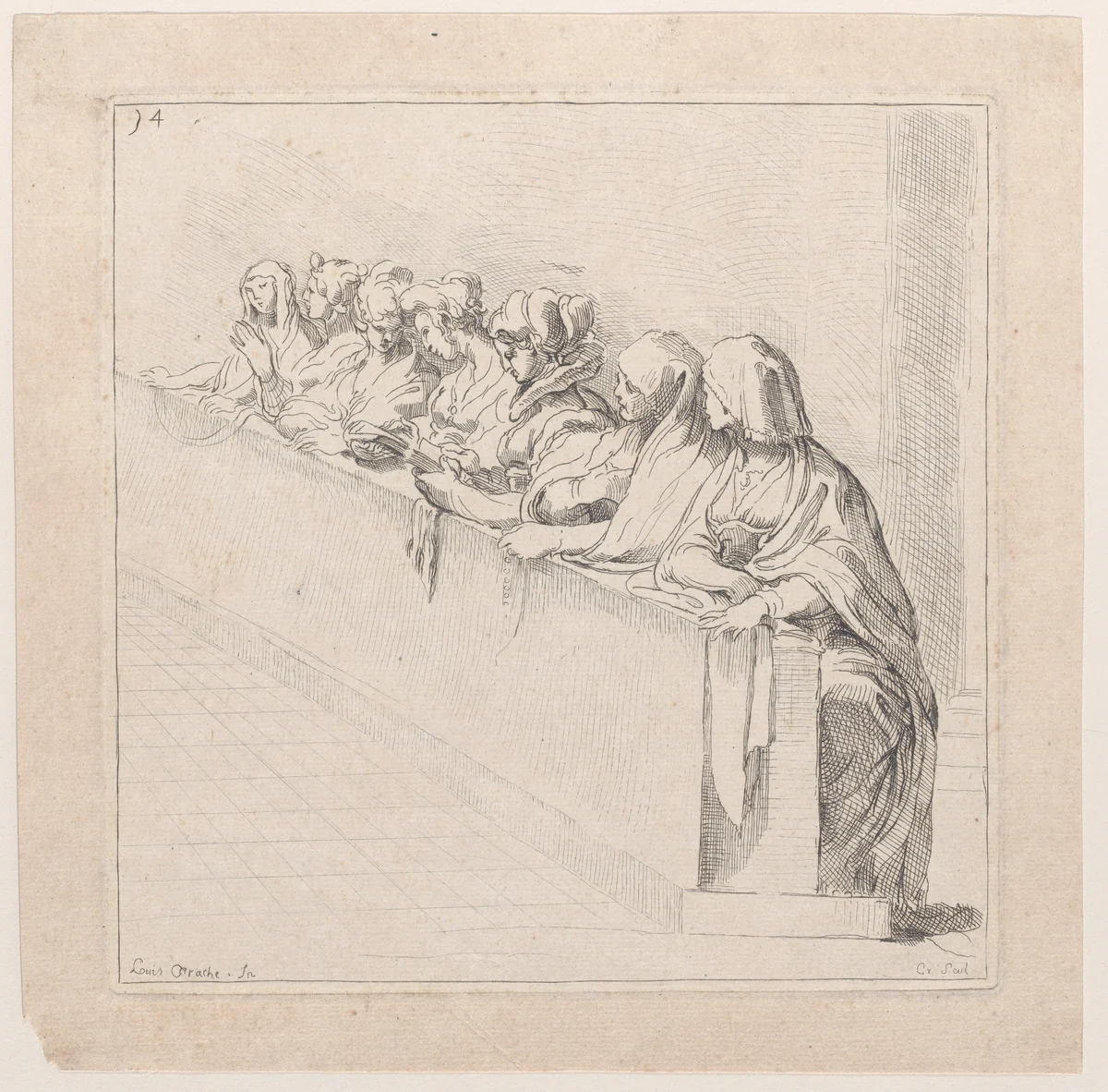 Seven Women Seated Behind a Low Wall by Anne Claude Philippe de Tubières, print, 1720-1765