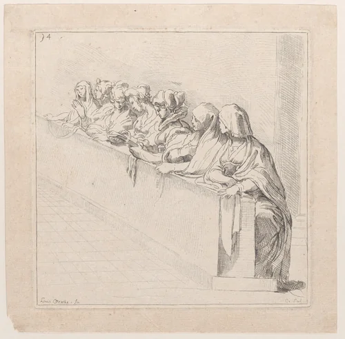 Seven Women Seated Behind a Low Wall by Anne Claude Philippe de Tubières, print, 1720-1765