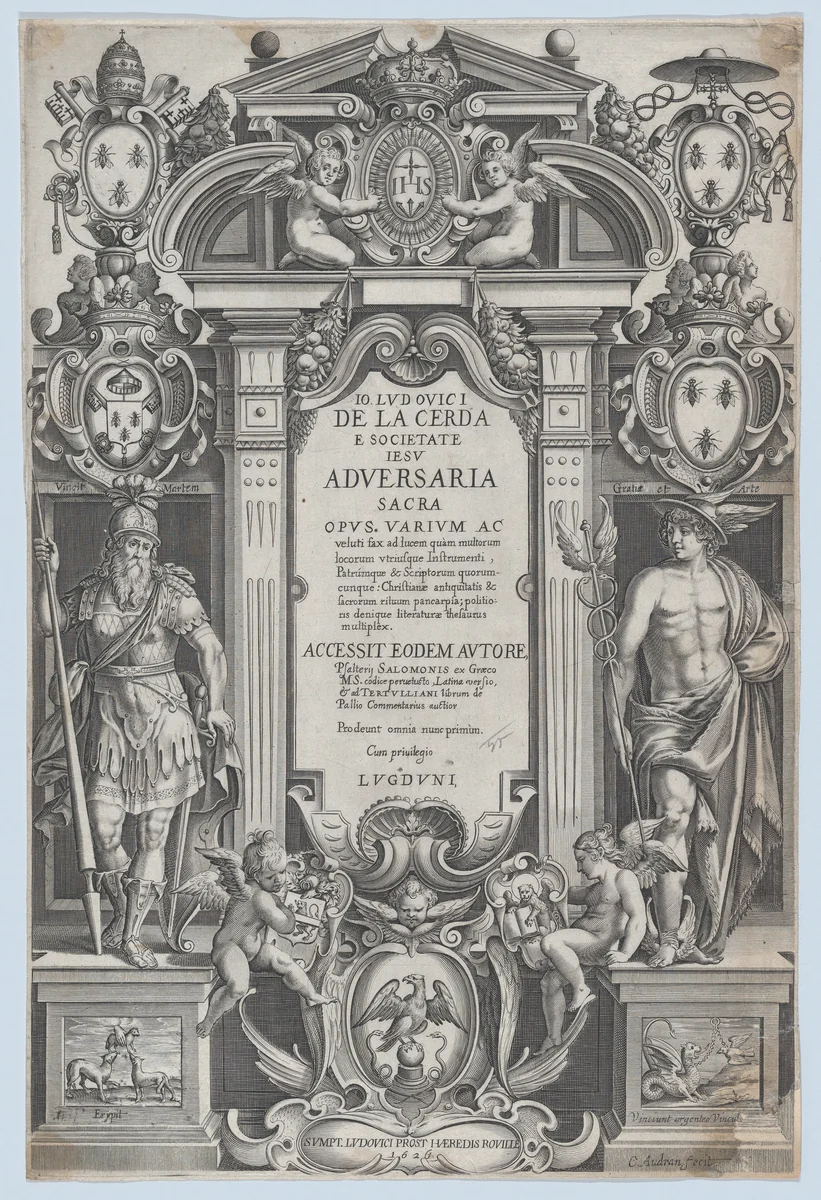Frontispiece for 'Adversaria sacra' by Charles Audran, print, 1626