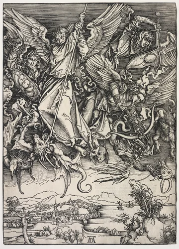 Revelation of St. John: St. Michael fighting the Dragon by Albrecht Dürer, print, 1511