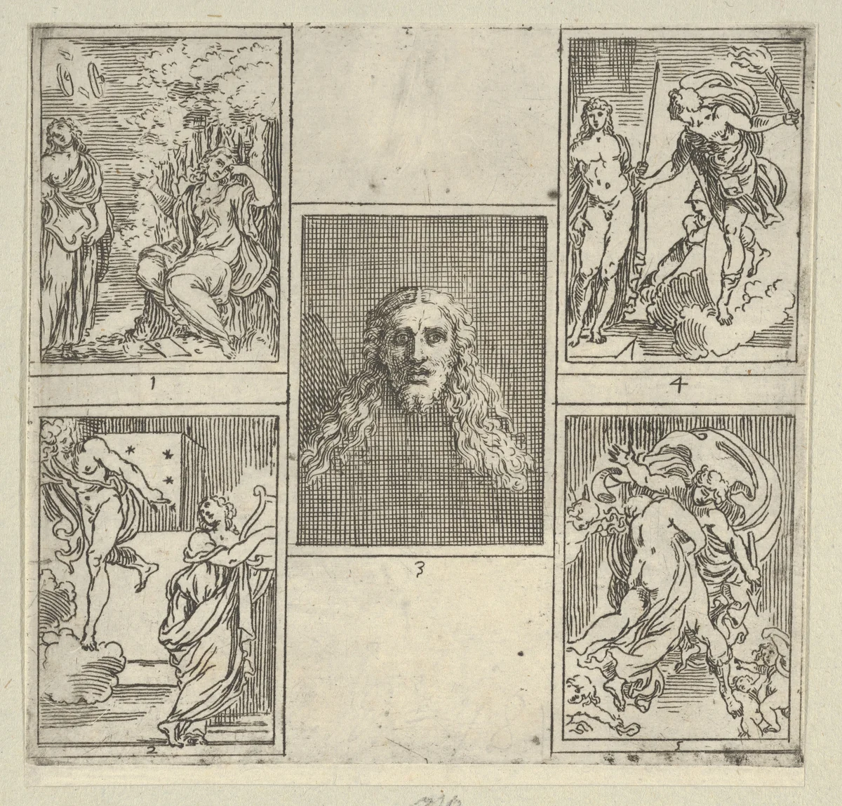 Five numbered scenes, each after a painter in the Accademia Degl'Incamminati, from IL FUNERALE D'AGOSTINO CARRACCIO FATTO IN BOLOGNA SUA PATRIA DAGL'INCAMINATI Academici del Disegno: 1. Painting and Poetry mourning the death of Agostino Carracci, painted by Francesco Brizio; 2. Painting with a lyre and Apollo pointing to stars on Carracci's grave, design by Giacomo Cavedone; 3. The head of Christ, painted by Agostino Carracci; 4. Prometheus with a torch and Athena behind him, painted by Alessandro Albini; 5. Aurora abducting Cephalus, painted by Leonello Spada. by Guido Reni, print, 1603