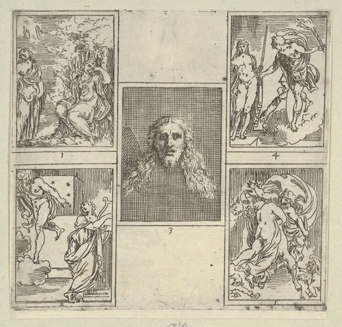 Five numbered scenes, each after a painter in the Accademia Degl'Incamminati, from IL FUNERALE D'AGOSTINO CARRACCIO FATTO IN BOLOGNA SUA PATRIA DAGL'INCAMINATI Academici del Disegno: 1. Painting and Poetry mourning the death of Agostino Carracci, painted by Francesco Brizio; 2. Painting with a lyre and Apollo pointing to stars on Carracci's grave, design by Giacomo Cavedone; 3. The head of Christ, painted by Agostino Carracci; 4. Prometheus with a torch and Athena behind him, painted by Alessandro Albini; 5. Aurora abducting Cephalus, painted by Leonello Spada. by Guido Reni, print, 1603