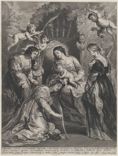 The Coronation of Saint Catherine by the Child by Pieter de Jode, print, 1600-1634