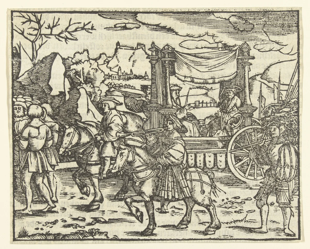 Twee vorsten in een triomfwagen by anonymous, print, 1520-1570