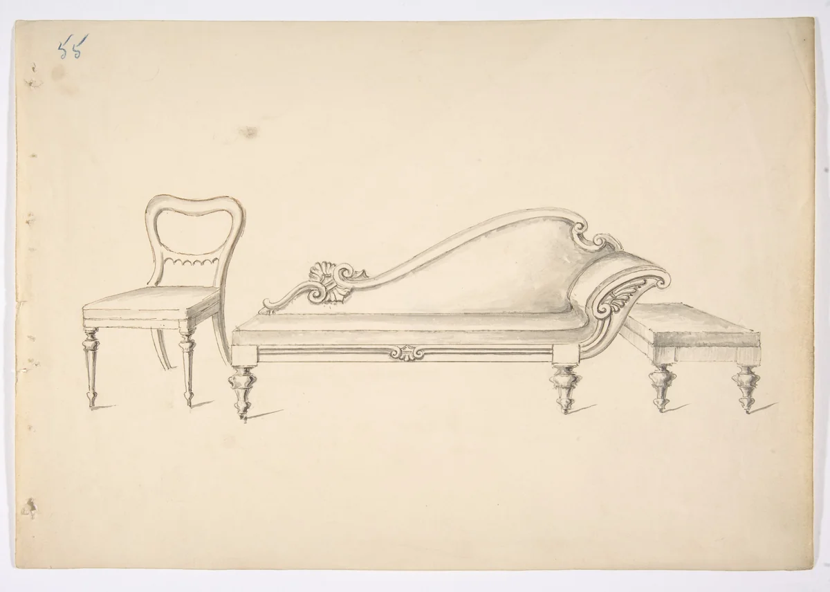 Design for a Sofa with One WIng-like Arm, Chair and Stool by anonymous, drawing, 1800-1850