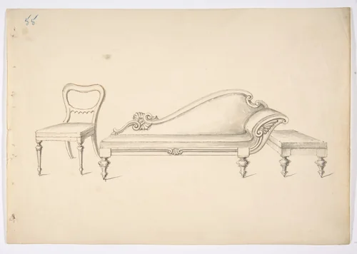Design for a Sofa with One WIng-like Arm, Chair and Stool by anonymous, drawing, 1800-1850