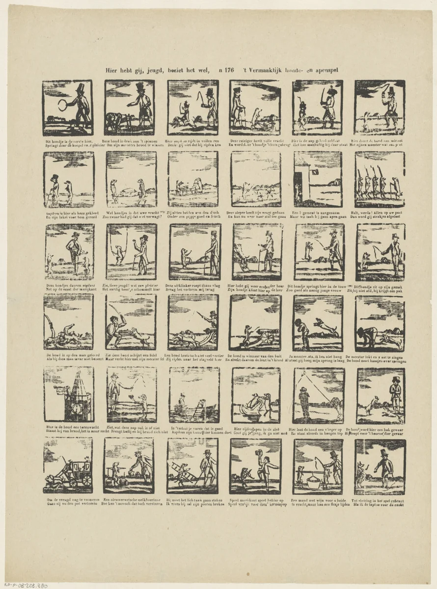 Hier hebt gij, jeugd, beziet het wel, / 't vermaaklijk honde- en apenspel by Glenisson & Zonen, print, 1856-1900