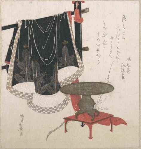 Flower Vase with Stand; Dress Hanging on a Clothesrack by Hachifusa Shūri, print, 1700-1899