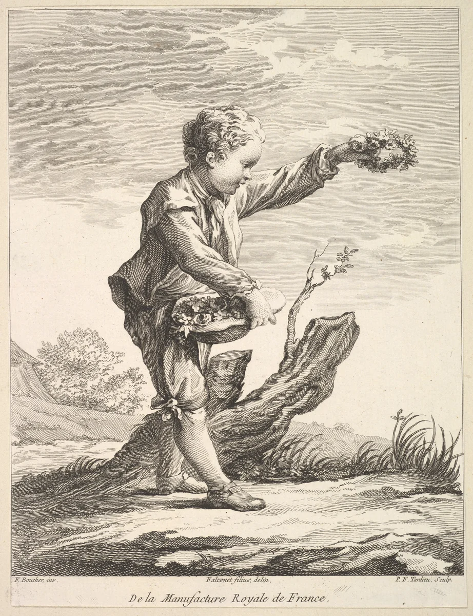 Little boy holding a wreath and basket of flowers, from Deuxième Livre de Figures d'après les porcelaines de la Manufacture Royale de France (Second Book of Figures after porcelains from the Manufacture Royale de France) by Pierre François Tardieu, print, 1757-1771