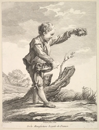 Little boy holding a wreath and basket of flowers, from Deuxième Livre de Figures d'après les porcelaines de la Manufacture Royale de France (Second Book of Figures after porcelains from the Manufacture Royale de France) by Pierre François Tardieu, print, 1757-1771