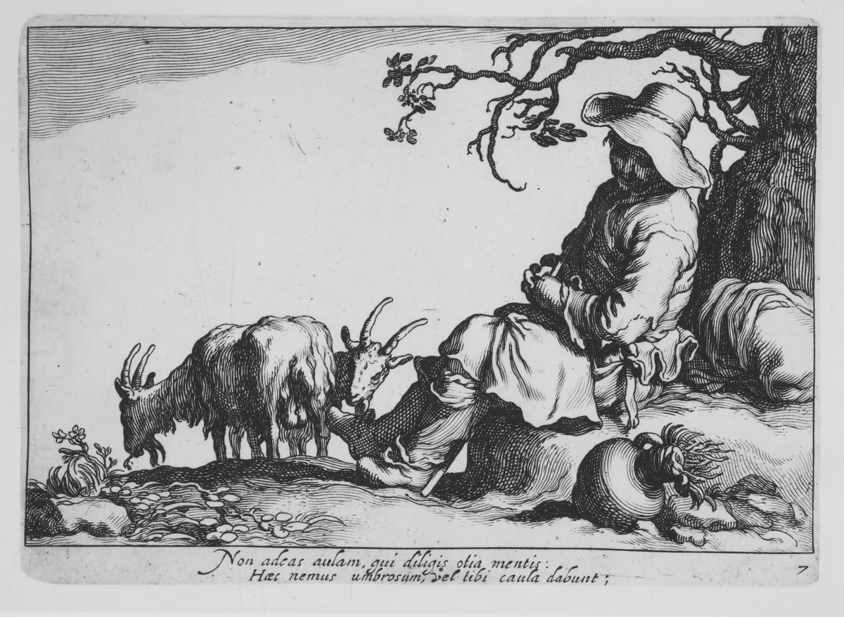 Pastoral with goat herd and goats, from "Sixteen Peasant Subjects" by Cornelis Bloemaert, print, 1615-1684