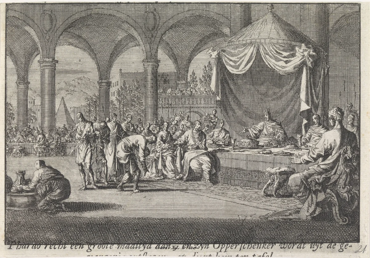 Eerherstel van de wijnschenker van de farao by Jan Luyken, print, 1703-1762