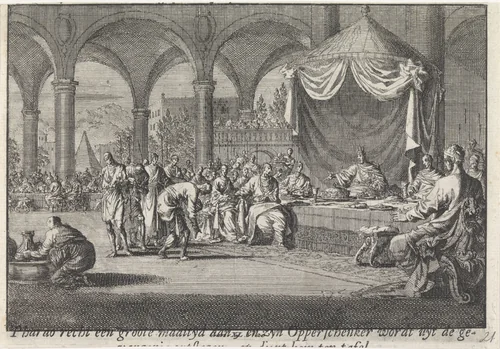 Eerherstel van de wijnschenker van de farao by Jan Luyken, print, 1703-1762