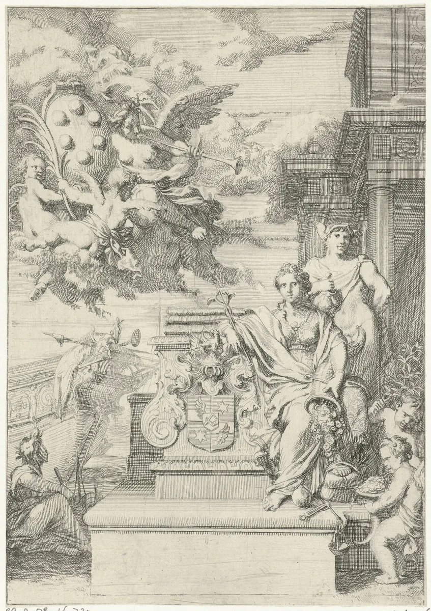 Allegorie op de handel en het familiewapen van De Medici by Gerard de Lairesse, print, 1670-1675