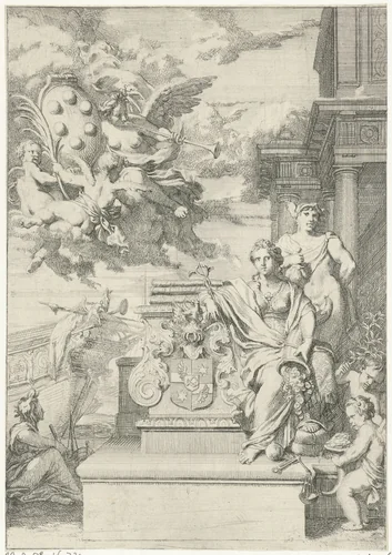 Allegorie op de handel en het familiewapen van De Medici by Gerard de Lairesse, print, 1670-1675