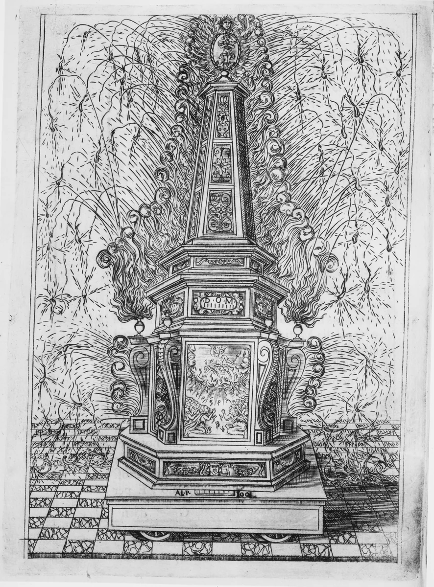 Festival for Saint Placidus, Messina, August 2, 1589: Fireworks Obelisk by Filippo Gotho, print, 1591