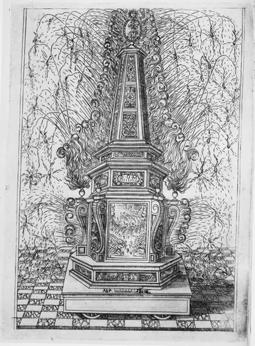 Festival for Saint Placidus, Messina, August 2, 1589: Fireworks Obelisk by Filippo Gotho, print, 1591