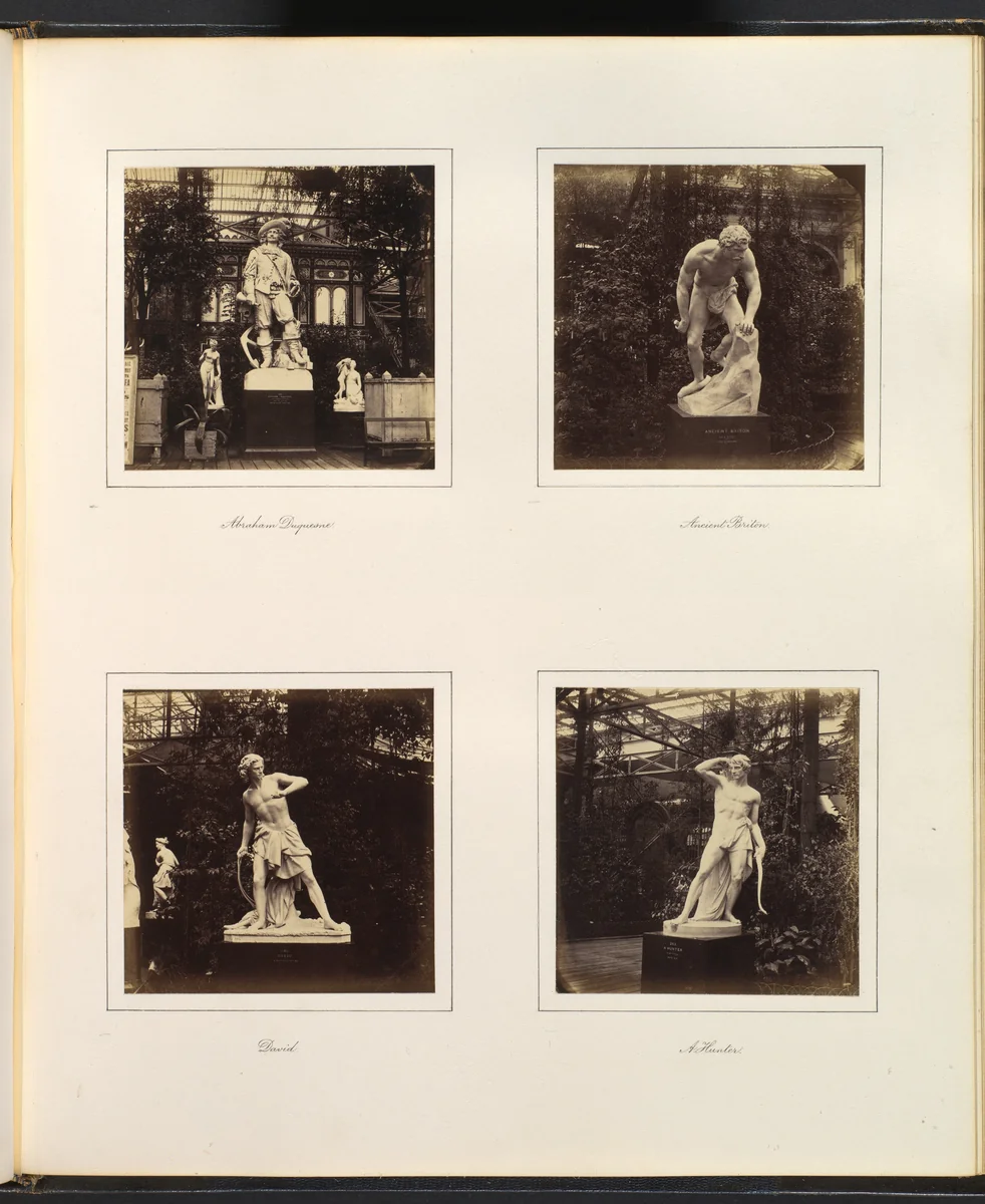 [Sculptures of Abraham Duquesne; an Ancient Briton; David with his Slingshot; a Hunter] by Philip Henry Delamotte, photograph, 1857-1861