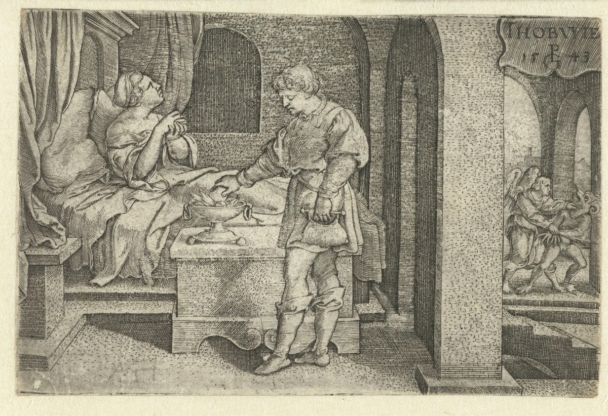 Tobias legt het hart en de lever van de vis op wierook by Unknown, print, 1543
