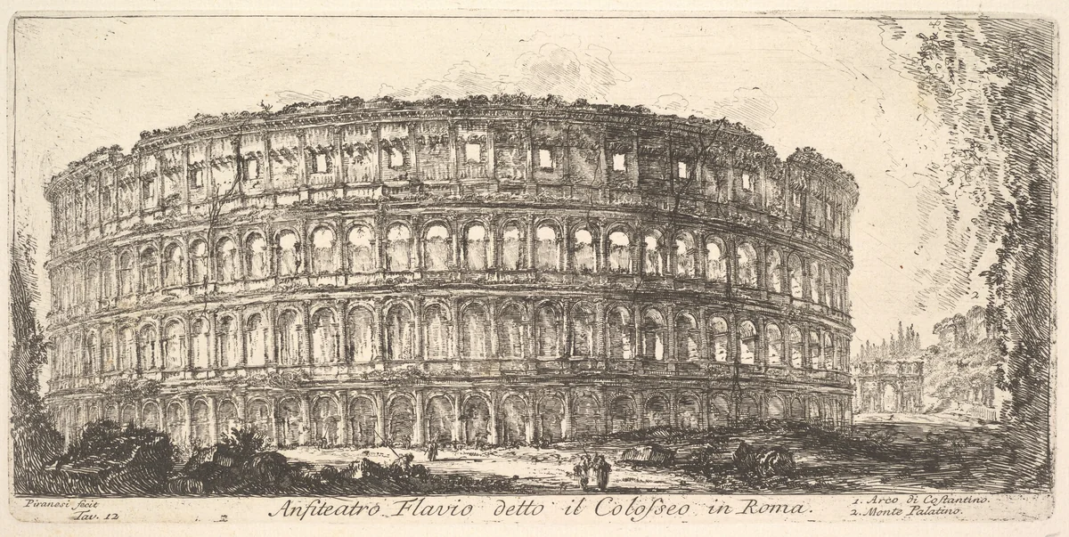 Plate 12: Flavian Amphitheater, called the Colosseum. 1. Arch of Constantine. 2. Palatine Hill. (Anfiteatro Flavio detto il Colosseo in Roma. 1. Arco di Costantino. 2. Monte Palatino.), from "Antichità Romane de' Tempi della Repubblica, e de' primi Imperatori" by Giovanni Battista Piranesi, print, 1743-1753
