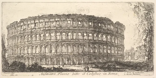 Plate 12: Flavian Amphitheater, called the Colosseum. 1. Arch of Constantine. 2. Palatine Hill. (Anfiteatro Flavio detto il Colosseo in Roma. 1. Arco di Costantino. 2. Monte Palatino.), from "Antichità Romane de' Tempi della Repubblica, e de' primi Imperatori" by Giovanni Battista Piranesi, print, 1743-1753