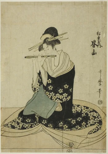 The Courtesan Seyama of the Matsubaya, from an untitled series of courtesans of the Matsubaya as five musicians by Kitagawa Utamaro (喜多川歌麿), print, 1792-1802