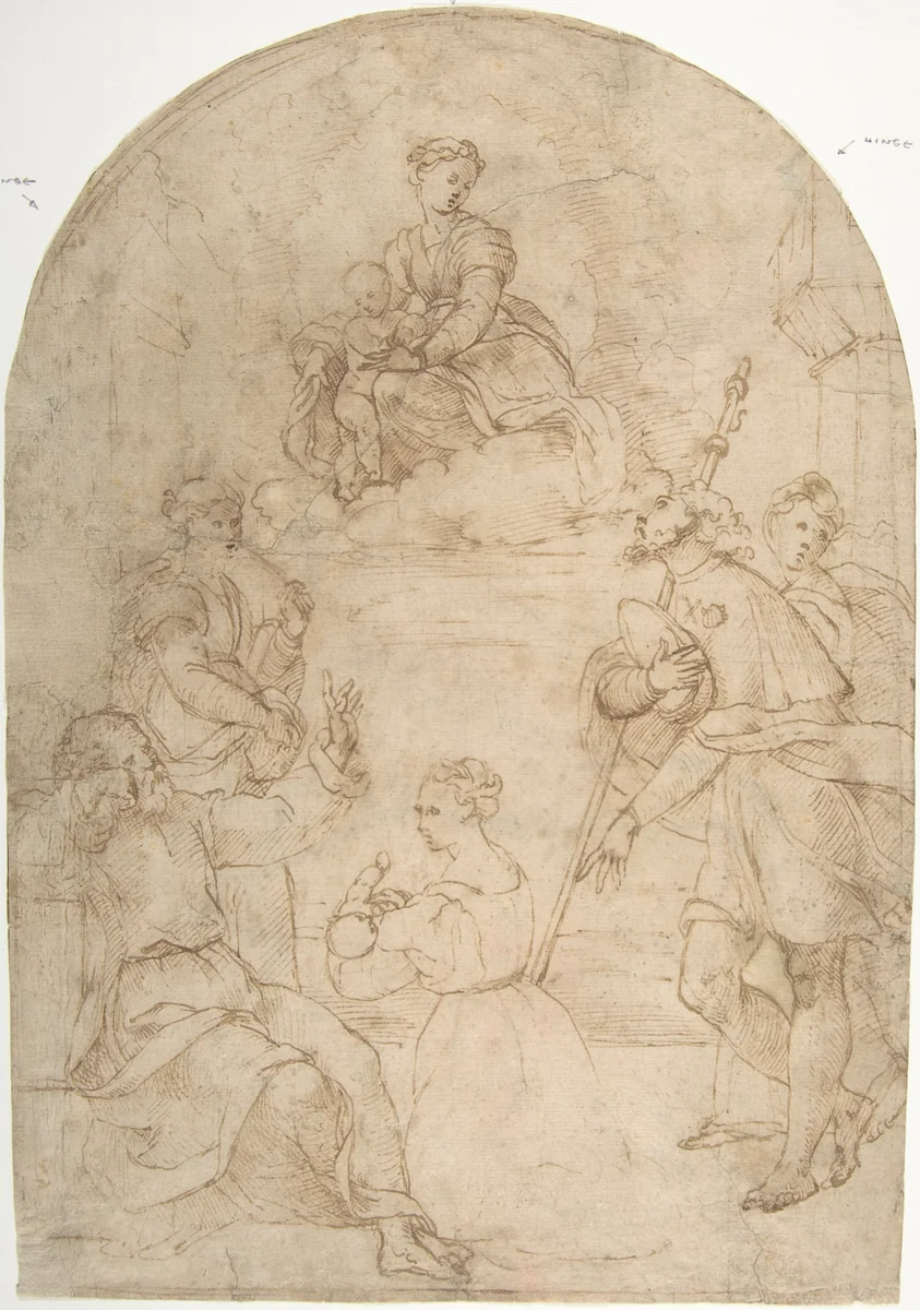 Saint Roch Recommending a Woman with a Sick Child to the Virgin (recto); Figure of a Man Holding a Book; Nude Figure of a Man (verso) by anonymous, drawing, 1500-1600