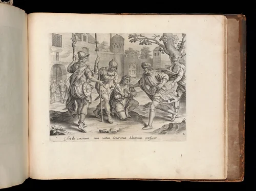 The Servant Sending his Fellow Servant to Prison, from The Parable of the Unmerciful Servant, bound in "Thesaurus Sacrarum historiarum Veteris et Novi Testamenti" by anonymous, book, 1585