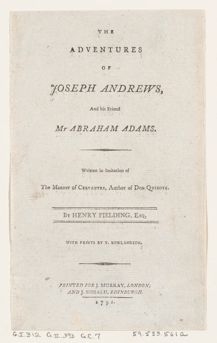 Title Page: "The Adventures of Joseph Andrews, and His Friend Mr. Abraham Adams" by Thomas Rowlandson, print, 1792