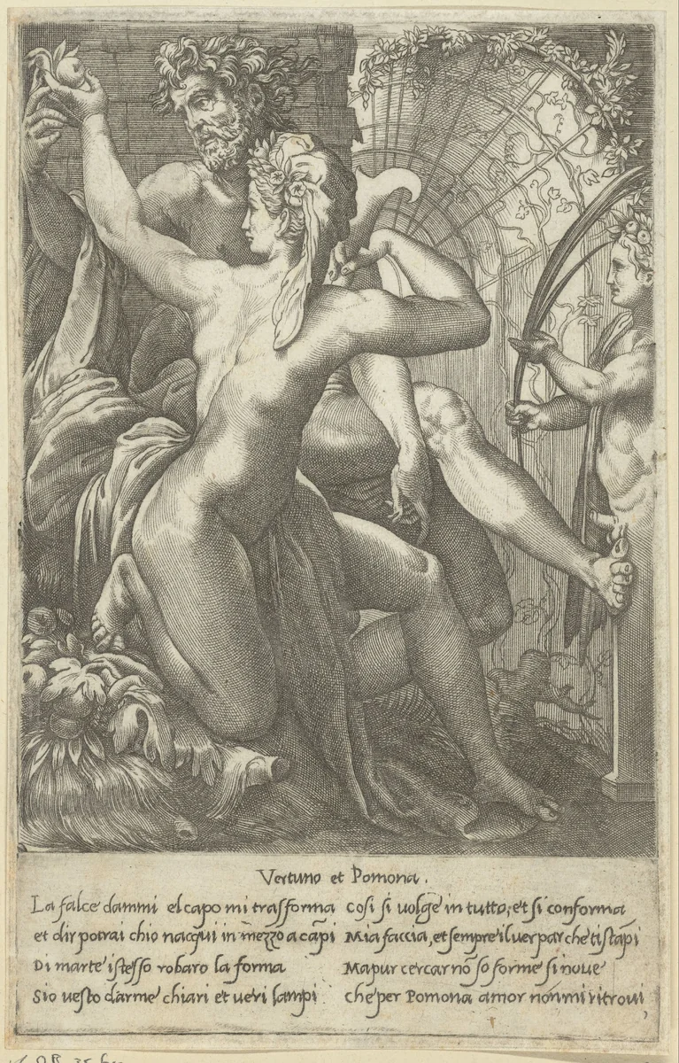 Vertumnus en Pomona by Giovanni Jacopo Caraglio, print, 1515-1565