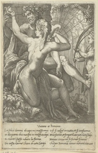 Vertumnus en Pomona by Giovanni Jacopo Caraglio, print, 1515-1565