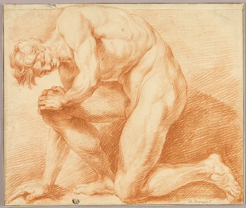 Kneeling Academic Male Nude by Antoine Dumont, drawing, 1658-1676