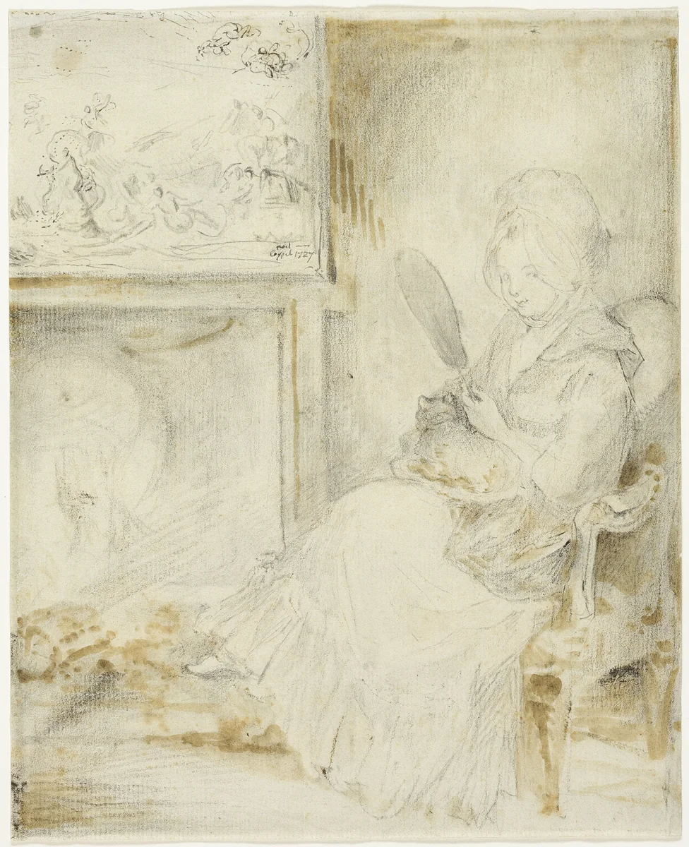 Woman Seated Holding a Cat on Her Knees by Gabriel Jacques de Saint-Aubin, drawing, 1744-1780