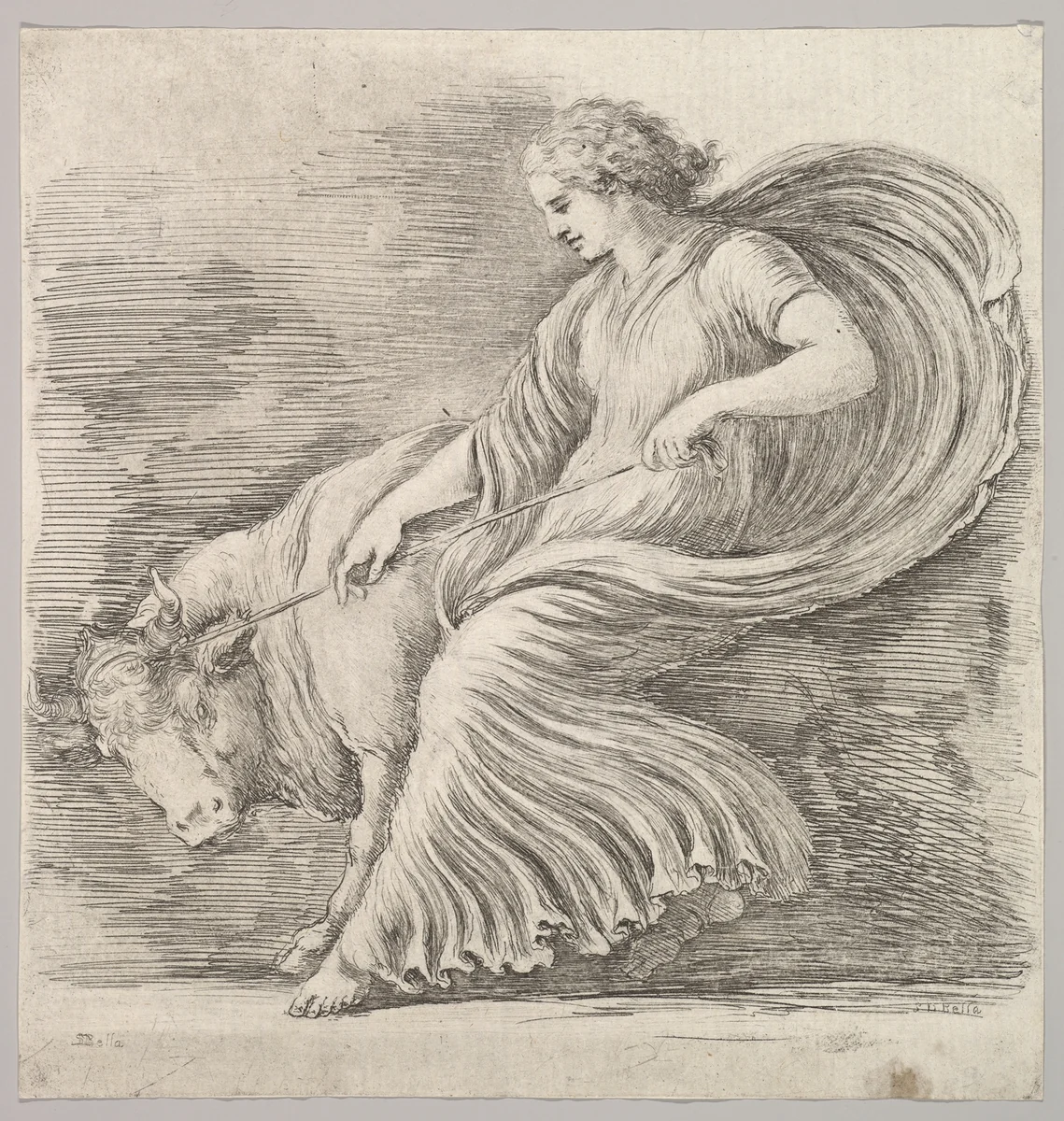 A woman in profile pulling back on a rope tied around the horns of a young bull by Stefano della Bella, print, 1660