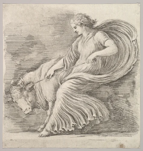 A woman in profile pulling back on a rope tied around the horns of a young bull by Stefano della Bella, print, 1660