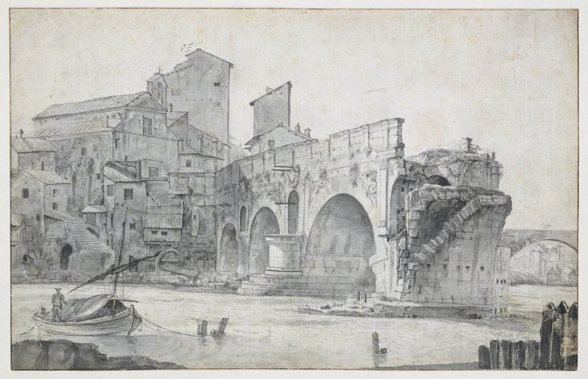 View of the Ponte Rotto in Rome, Seen from the East by Jan Asselijn, drawing, 1636-1644