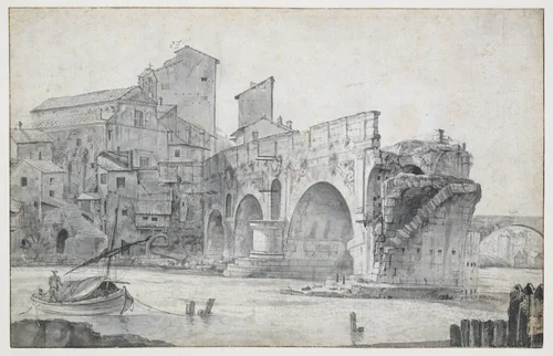 View of the Ponte Rotto in Rome, Seen from the East by Jan Asselijn, drawing, 1636-1644