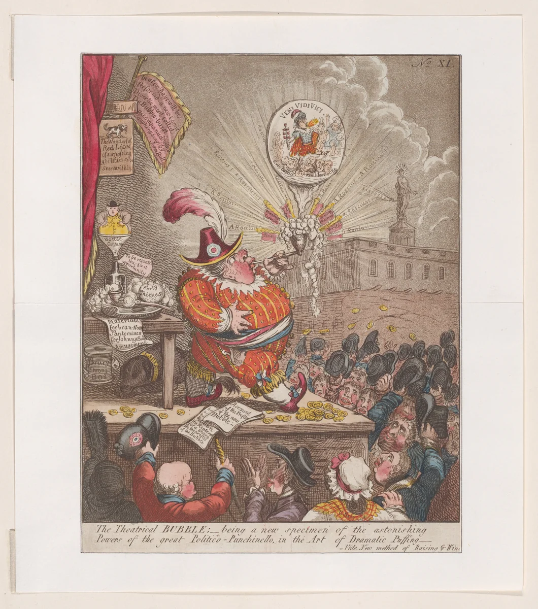 The Theatrical Bubble; being a new Specimen of the Astonishing Powers of the Great Politiico-Punchinello in the Art of Dramatic Puffing by James Gillray, print, 1805